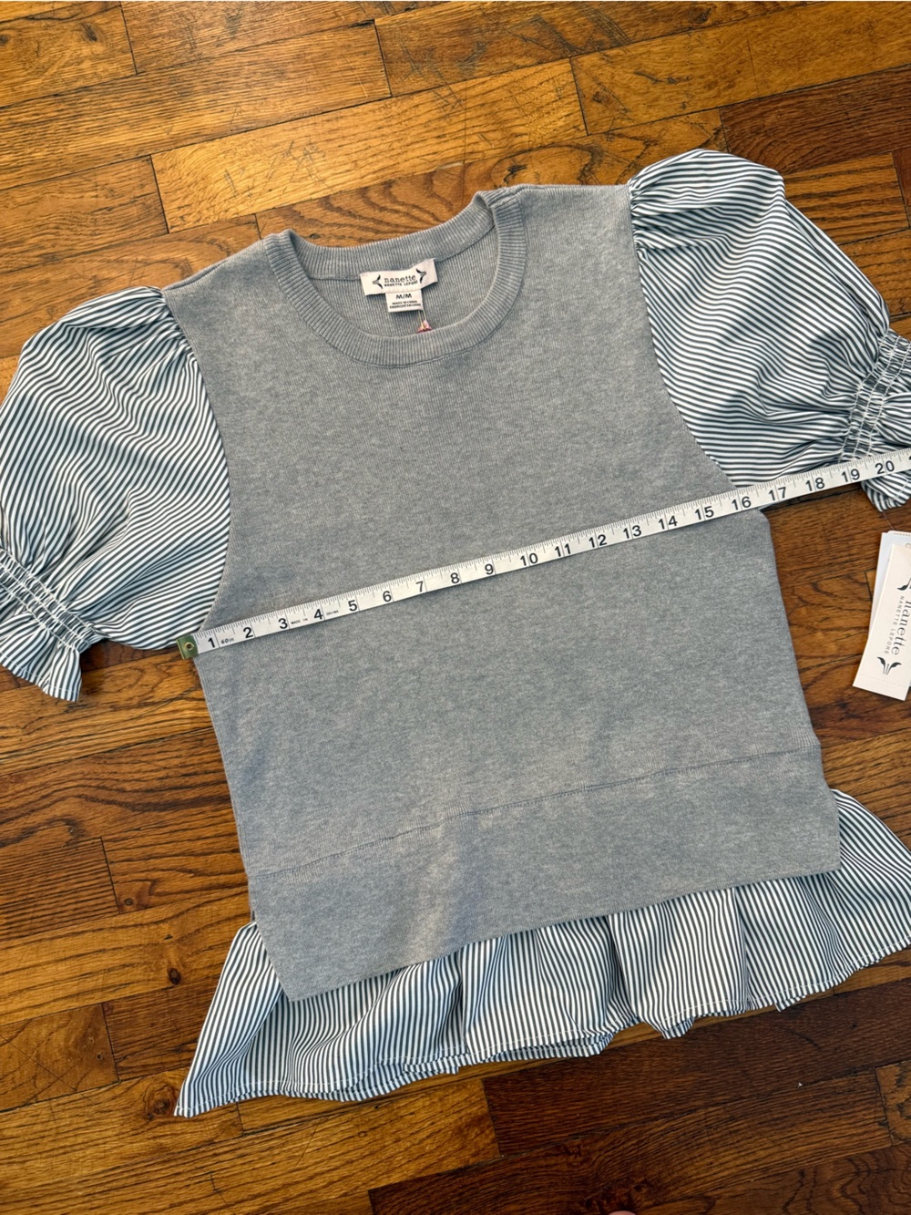 Nanette Lepore Mixed Media Twofer Sweater Puff Sleeve Peplum Top Gray Striped M - Picture 7 of 15